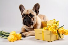 On A White Background, An Adorable Dog Lays Next To Gift Boxes, Holding A Bouquet Of Yellow Tulips In His Mouth. Greeting Card For March 8th, International Women's Day. Generative AI