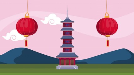 Sticker - asian red lamps hanging and pagoda animation