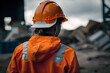 Woman worker with orange helmet walking in a construction site, generative model