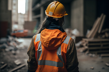 Woman worker with safety helmet walks around construction site, generative model