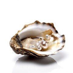 Poster - Macro closeup of isolated oyster shell with imperfect pearl inside, white background, fleshy meat inside, detailed oval shaped mollusk - generative ai