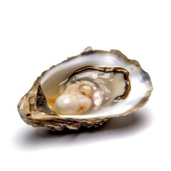 Canvas Print - Macro closeup of isolated oyster shell with imperfect pearl inside, white background, fleshy meat inside, detailed oval shaped mollusk - generative ai