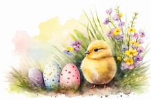Watercolor Easter Eggs Background, Generative AI 