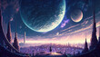 a beautiful scifi inspired impressive city under the planets and moons, videogame style, generative ai technolgy