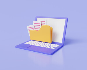 3d rendering illustration of portfolio folder icon with file document on laptop. Computer folder, folder with file, paper icon. file electronic, Folders with documents. File management concept.