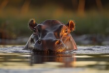 Hippopotamus (hippopotamus) Head Just Above The Water In Botswana's Okavango Delta. Generative AI