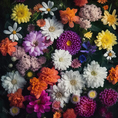  Garden flowers background: daisy, phlox, dahlias and others. Flower composition. Generative ai