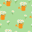 Seamless pattern with chamomile flowers and watering cans.