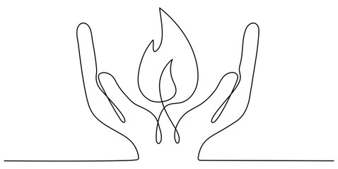 Wall Mural - Human hands holding fire flame continuous line drawing art. Vector illustration isolated on white.
