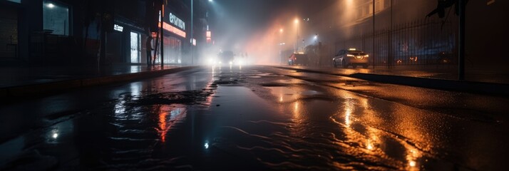 Poster - Wet asphalt, reflection of neon lights, a searchlight, smoke. Abstract light in a dark empty street with smoke, smog. generative ai