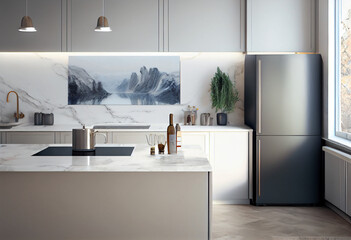 Wall Mural - minimal design kitchen with cabinet, cupboard with white square tile splashback wall for cooking, AI Generated