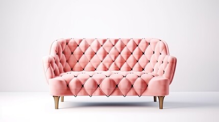 Wall Mural - Modern fashionable stylish pink sofa with carriage stitch, buttons, with legs on isolated white background. generative ai