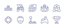 Gaming Line Icon Set. Editable Stroke. Vector Illustration. Containing Wasd, Gamepad, Dices, Virtual Reality, Admin, Rattle, Vr Glasses, Joystick, Videogames, Trophy.