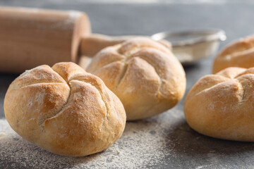 Aufkleber - Set mini bun bread close-up with copy space. Fresh home baking concept