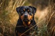 While strolling in the bush, a female rottweiler dog stands in long grass and looks at the camera. Generative AI