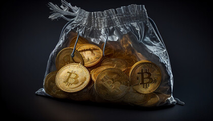 A close-up of bitcoins on a bag with dark background, Generative AI