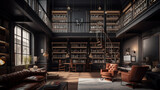 Fototapeta Do przedpokoju - Interior of panorama bookshelf. Many old books in a book shop or library - Generative AI technology