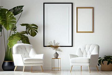 Wall Mural - Modern composition of living room interior with armchair, mock up poster map, plants and personal accessories in home decor, AI Generated