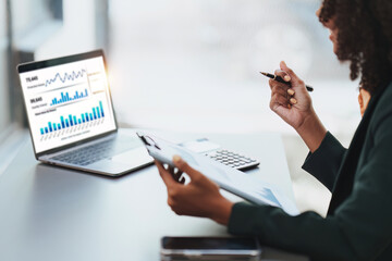 Wall Mural - Accountant black woman working on laptop and do document, tax, exchange, accounting and Financial advisor concept