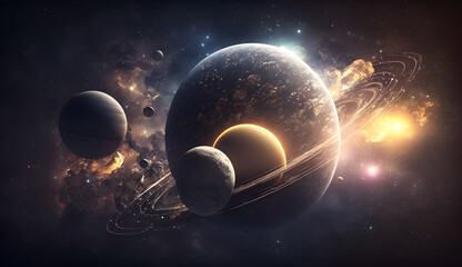 Wall Mural - planet in space surrounded with moons closeup -ai generative