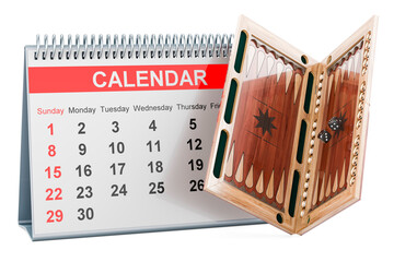 Backgammon, board game with desk calendar, 3D rendering