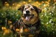 A cheerful mixed breed dog sits in the grass in a garden. Generative AI