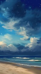 Wall Mural - Panoramic ocean view late evening after sunset, calming blue colors, refreshing sea vibes, sandy beach, far horizon, star filled summer night - generative AI