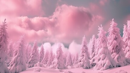 Powder pink winter landscape with fluffy clouds, Created with generative AI tools