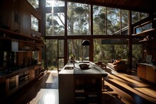 A Modern Eco-friendly House Nestled In The Woods, Featuring A Wooden Façade, Large Windows, And A Green Roof Covered In Native Plants. Generative Ai