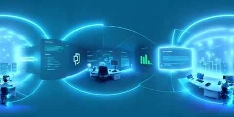Photo of a futuristic computer room with blue LED lights and modern technology