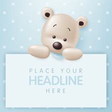 3D Vector With Cute Teddy Bear Doll With Holding Empty Blank Banner On Polka Dot Blue Background For Birthday Greeting Card, Social Media. Place For Text, Blank Banner.