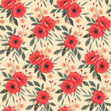 Fototapeta Sypialnia - Seamless floral pattern, vintage botanical print with large red flowers. Beautiful design with hand drawn botany: pretty flowers, various leaves in bouquets on a light background. Vector illustration.