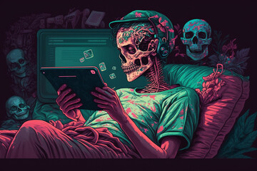 skeleton online with a tablet in hand, doomscrolling concept, created by a neural network, Generative AI technology