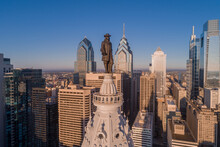 Statue Of William Penn. William Penn Is A Bronze Statue By Alexander Milne Calder Of William Penn. It Is Located Atop The Philadelphia City Hall, Pennsylvania.