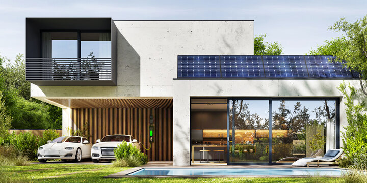modern house with solar panels and electric cars