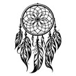 A Hand drawn illustration of a dream catcher with feather and bead details in black and white line art