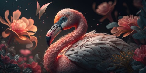 Illustration of a floral type Flamingo, close up Flamingo tail with flowers on dark background, beautiful close up Flamingo HD walpaper