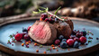 A closeup of a perfectly cooked venison tenderloin fillet steak with mushrooms and berries, ideal for food menus and cookbooks.