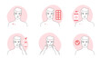 © lembergvector - Acne treatment for man infographic line icon set vector illustration. Hand drawn outline guys treat rash of pimples with pills, puberty facial problem, apply skincare liquid products, ointment on skin