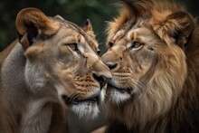 There's A Lot Of Love In The Air. At Masai Mara, Kenya, An African Lion Pair Was Photographed. Dark And Dramatic Photo Of A Wild Lion, Suitable For Posters, Wallpapers, Or Printing On Home Or Office W