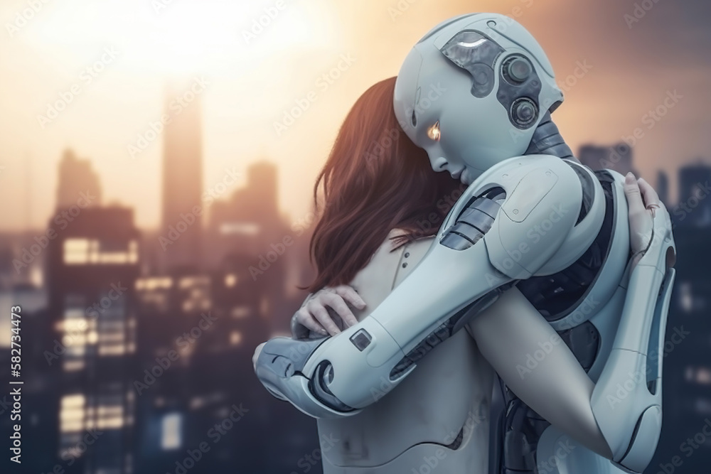 Woman Hug with AI Robot For Futuristic Love Between Ronot and Human ...