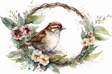 Watercolor Painting Of A Peaceful Sparrow In A Colorful Flower Wreath. Beautiful Artistic Animal Portrait For Art Print, Greeting Card, Springtime Concepts Etc. Made With Generative AI.