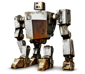 Broken vintage giant robot made of recycled aluminum and steel metal, isolated, AI generated