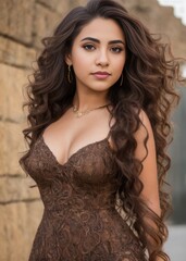 Wall Mural - beautiful brunette latina hispanic woman wearing dress. generative ai