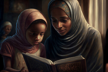 Muslim mother teaches reading the Koran