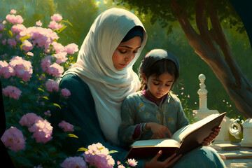 Wall Mural - Muslim mother teaches reading the Koran, generative ai