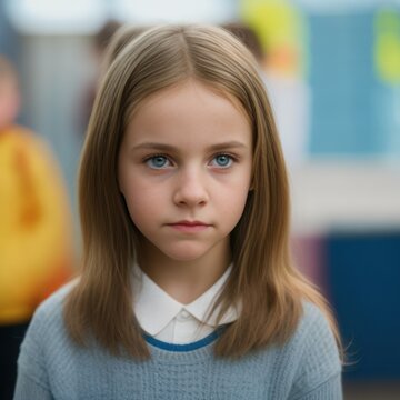 Close-up portrait of little upset child at school. Generative AI.