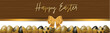Easter banner or website header. Brown wooden board background. Golden eggs with black decor. Vector illustration.