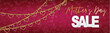 Mothers Day sale banner, website or newsletter header. Golden hearts garland on red background. Vector illustration.