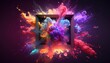 colorful powder paint explosion from a box. Generative AI.